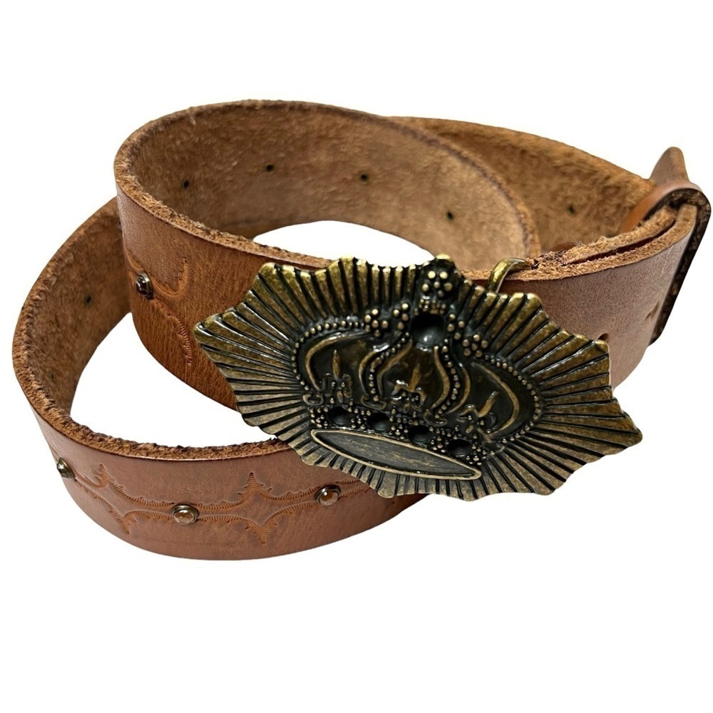 OLGA SANTINI Belt Vintage Tooled Leather Metal Crown Buckle Y2K 90s Style Medium